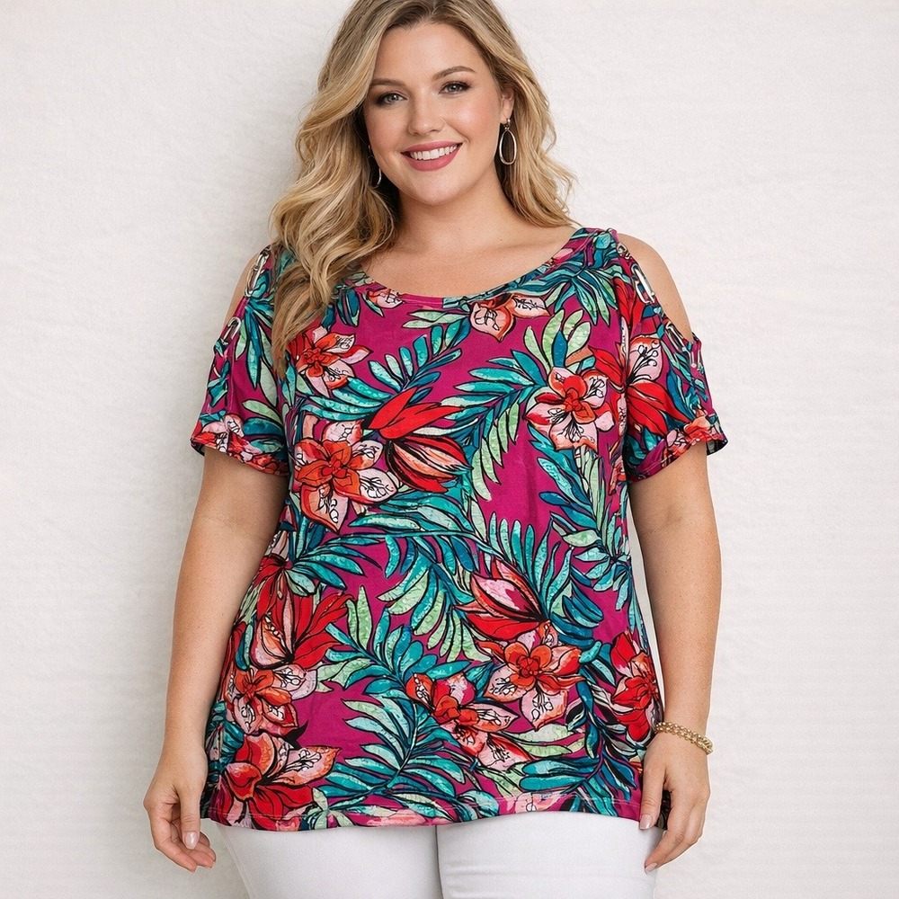 NWT Cable & Gauge 2X Tropical Floral‎ Cold Shoulder Top Cruise Boho Colorful